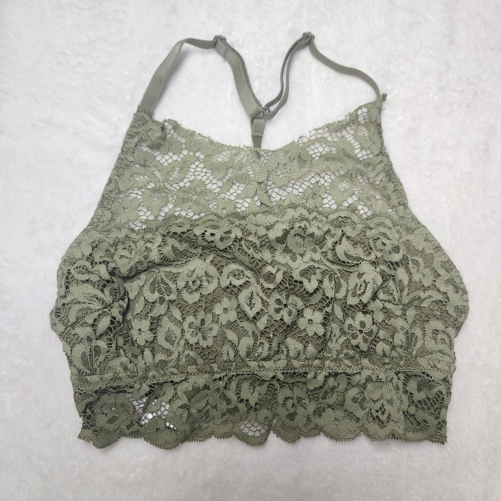 Womens XS Forrest Fairy Olive Green Floral Lace High Neck Racerback Bralette